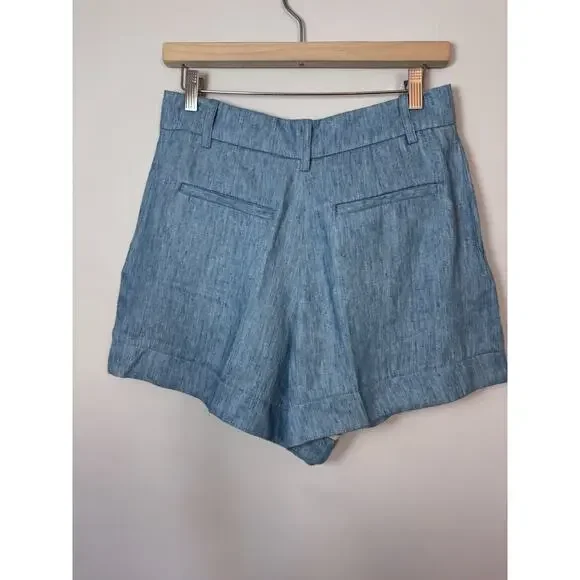 VANESSA BRUNO Nixia Linen Shorts High Waisted Blue Sz 40 US Sz 8 NWT $345